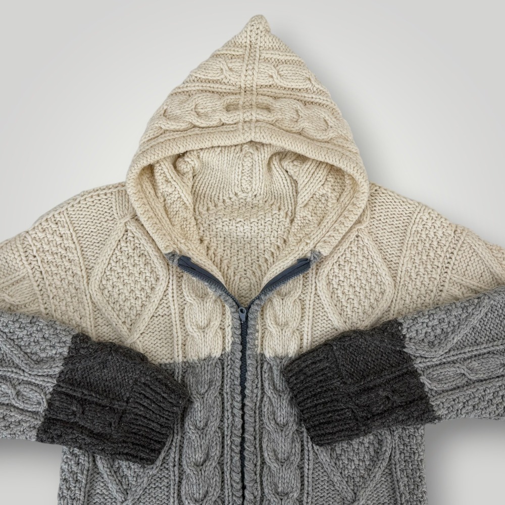 Craft Hand Knitted Wool Cotton Cable Knit Hooded Zip Cardigan Ecuador Gray Cream